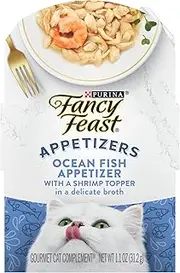 Purina Fancy Feast Wet Cat Food Complement, Appetizers Oceanfish with a Shrimp Topper in Broth - (10) 1.1 oz. Trays