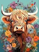 5D Highland Cow Diamond Painting Kits for Adults Flower Cow Diamond Art Kits for Adults Beginners, DIY Animal Round Full Drill Gem Art Kits for Home Decor (16x12 in)
