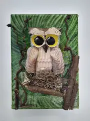 Seashell Owl Wall Hanging on Painted Canvas Whimsical Hand Made Beach Decor