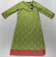 Rangmanch Women's Kurta Tunic Cover Up Top Size Small S Green Gold Split Hem