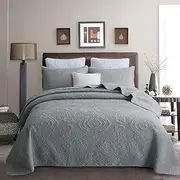 Luxury Quilted 100% Cotton Coverlet/Bedspread Set Quilt King Super King Size Bed 250x270cm Damask Steel Grey