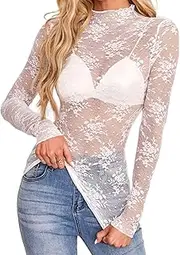 [CITUYER] Women's Floral Lace Mesh Long Sleeve Top Mock Neck Sheer See Through Fitted Blouse for Party Club Night Out Layering Shirt