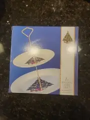 FINE CHINA 2 TIERED CHRISTMAS TREE TIDBIT SERVING TRAY 10 1/2"