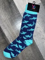 YO SOX BLACK BLUE SHARKS FISH NOVELTY DESIGN CREW SOCKS MENS LARGE