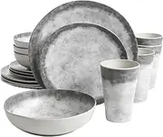 Gibson Home Granite Organic Round Melamine Plastic Dinnerware Set, Service for Four (16pcs), Marble