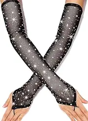 [Generic] Rhinestone Long Fingerless Gloves Sparkly Tulle Sheer Gloves Mesh Event Stretch Party Accessories for Women