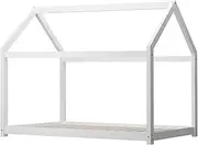 OIKITURE 12CM Height House Bed for Kids - Toddler Wooden Platform Bed Frame with Roof, No Box Spring Needed Easy Assembly, for Girls Boys Bedroom, 150KG Weight Capacity, Single Size, White