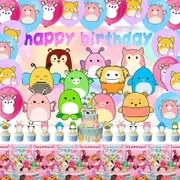 Squishmallows Theme Party Decorating Set - Birthday Backdrop Banner Latex Balloons Birthday Cake Cupcake Toppers Tablecloth