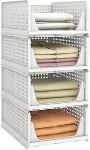 SHENMAIDAY Stackable Plastic Storage Basket, 4 Pack Drawer Shelves Storage Bins for Wardrobe Cabinet Bedroom Dormitory Bathroom Office Etc