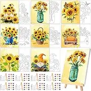 8 Sets Pre Printed Canvas for Painting Kits 8" x 10" Paint and Sip Party Sets Coloring Painting Canvas Panels Pre Sketched Canvas Boards with Paints and Brushes for Adult (Sunflower)