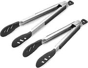 Premium Silicone BBQ Turners, 9-Inch & 12-Inch Cooking Locking Food Kitchen Tongs with Ergonomic Handle, Black