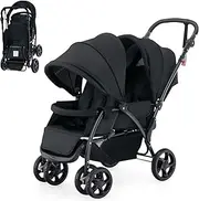 BABY JOY Double Baby Push Car w/Adjustable Backrest, Lockable Wheels & 5 Points Safety Belts (Black)