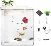 Acrylic Fish Tank - 22.5x15x28cm, Transparent Acrylic, Clear | High-Definition Trans Small Aquarium with Air Pump and Atmosphere Light, Artificial Flowers for Betta, Shrimp, Nano Fish, Easy to Clean