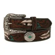 A1533602 Ariat Women's Brown Tooled Leather Belt w/Feathers & Silver Conchos