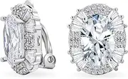 [Bling Jewelry] Bridal Art Deco Estate Jewelry Style Fashion Simulated Emerald Green Cubic Zirconia Pave Baguette Halo AAA CZ Square Large Oval Stud Clip On Earrings For Women Wedding Yellow 14K Gold Silver Plated