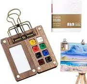 Mini Watercolour Paint Set Travel, Pocket Artist Watercolour Travel Set Portable Palette with 8 Grids Wooden Travel Paint Palette with Metal Clip Mini Sketchbook for Painters and Artists