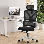 OIKITURE Office Chair with Armrest - Adjustable Seat Height & Headrest, Swivel Computer Desk Chair Breathable Mesh Ergonomic Arched Backrest, Easy Assemble, Capacity 150KG, White & Black