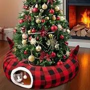 OurWarm Cat Tunnel with Christmas Tree Skirt, Cat Beds for Indoor Cats with Hanging Ball, Buffalo Plaid Christmas Decorations Cat Cave for Felines and Small Animals Indoor Outdoor Decorations