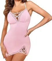 [Generic] Sexy Lingerie Costumes Plus Size 6XL Women Sexy Nightgown V Neck Chemises Lace Sleepwear Full Slip Side Slit Sleep Dress Sexy Lingerie S~XXL Plus Size Lingerie Dress up for Women