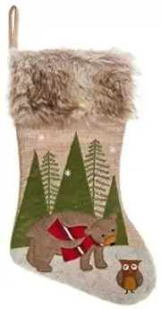 Rustic Christmas Stocking Bear & Owl Appliqué with Faux Fur Trim