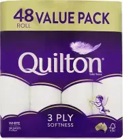 Quilton 3 Ply Toilet Tissue (180 Sheets per Roll, 11x10cm) Pack of 48 Rolls