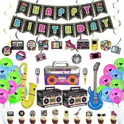 80s Party Decorations - Including Happy Birthday Banner, Inflatable Boom Box, Guitar, Microphone, Saxophone, 80s Element Bunting, Hanging Swirls, Balloon, for 80s Birthday Party Decorations