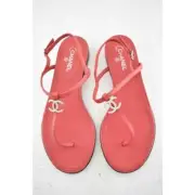 Chanel 19C Red Leather CC Silver Metal Logo Mule Strap Thong Sandal Flat 36C