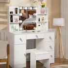 Dressing Table With 5 Drawers Led Mirror and Stool Set Makeup Desk Vanity Table
