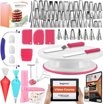 200 Pcs Cake Decorating Supplies Kit for Beginners - Turntable Stand, Piping Bag