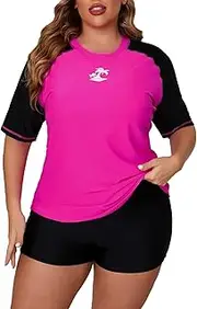 [JOYBIK] Women's Plus Size Two Piece Short Sleeve Rash Guard Sets with Built in Bra UPF50+ Swim Shirt Top and Shorts