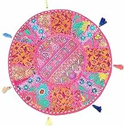 Round Floor Pillow Cushion Bohemian Patchwork Pouf Ottoman Vintage Indian Foot Stool Bean Bag Floor Pillow Cover Home Decor, Living Room Ottoman, Bohemian Pillows 17 Inch (Baby Pink)