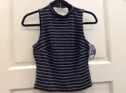 Womens XS Textured Shirt Top Button-Back Halter Open Back Club $49 Black Stripe