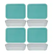 Pyrex (4) 7210 3 Cup Glass Dishes & (4) 7210-PC Turquoise Lids