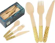 [Rosh Pinnah] Disposable Wooden Cutlery Set, Stylish Gold-Foiled Utensils, 90 Pcs (30 Forks, 30 Knives, 30 Spoons) - 100% Compostable & Biodegradable (Gold)