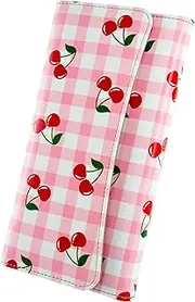 [Kaabao] Womens Wallet Leather RFID Blocking Trifold Ladies Purse long Clutch Credit Card Holder Phone Checkbook Organizer, Sweet Pink Gingham Red Cherries, Vintage