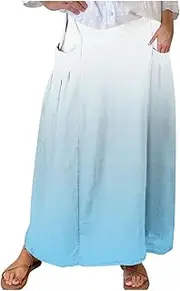 [bawilom] Women's Elastic High Waist Skirts Plus Size Tie-dye Gradient Color Block A-Line Pleated Long Maxi Skirts with Pocket