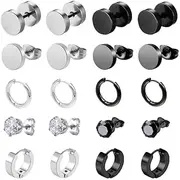 [PXBSNB] 10 Pairs of Men's Earrings Hypoallergenic Stainless Steel Earrings Men Punk Hoop Earrings Men's Earrings Cubic Zirconia Stud Earrings Men's Silver Black Men's Stud Earrings for Piercing