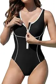 [SHEKINI] Women Front Zipper One Piece Swimsuit Sports Athletic Swimwear Bathing Suits