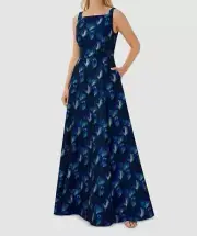 $550 Aidan Mattox Women's Blue Floral Square Neck Jacquard Gown Dress Size US 4