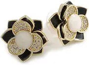 [Avalaya] Black/White Enamel Clear Crystal Layered Flower Stud Earrings for Women - 17mm Diameter, One Size, Crystal