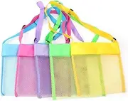 [Generic] 5-PCS Colorful Mesh Beach Bags Sand Away Portable Foldable Sea Shell Bag with Adjustable Carrying Straps/Toy Storage Bag [Yellow, Rose, Purple, Green, Blue] Set of 5 Beach Bags
