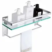 BATHROOM SHELF Tempered Glass with Towel Bar Wall Storage Organizer By VDOMUS