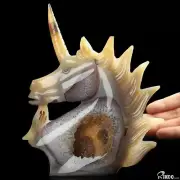 6.1" Agate Geode Hand Carved Crystal Unicorn Sculpture, Crystal Healing