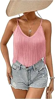 [Cozyease] Women's Solid Spaghetti Strap Fringe Hem Camisole V Neck Boho Cami Top