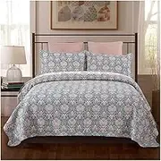 Blue Quilt Set Queen Size Quilted Bedspread Coverlet 3-Piece Floral Lightweight Comforter Reversible Bedding Set 90x98 Inch with 2 Pillow Shams 20x27 Inch