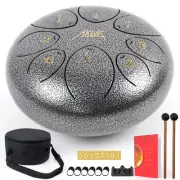 Aklot Steel Tongue Drum 8 inch 8 Notes Silver Color w/Drum Mallets Bag MusicBook