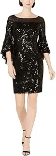 [Calvin Klein] Women's Sequin Sheath with Illusion Neck and Cascading Bell Sleeve