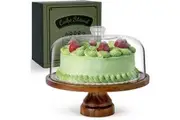 Acacia Wood Cake Stand with Dome Lid and Acrylic Dome - Footed