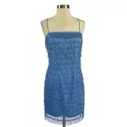 Aidan Mattox Women's Cocktail Dress Size 6 Blue Sequin Fringe Sleeveless Sheath