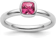 [JewelryWeb] 925 Sterling Silver Bezel Polished Stackable Cushion Cut Pink Tourm. Ring-Stackable-Ring for Women